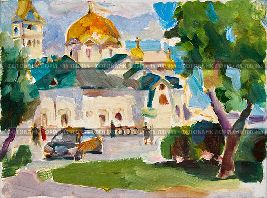 Sketch of a church in summer. Oil painting on canvas by artist Inna Prityazhnyuk. Стоковая иллюстрация, иллюстратор Сергей Пристяжнюк (Serg Zastavkin) / Фотобанк Лори