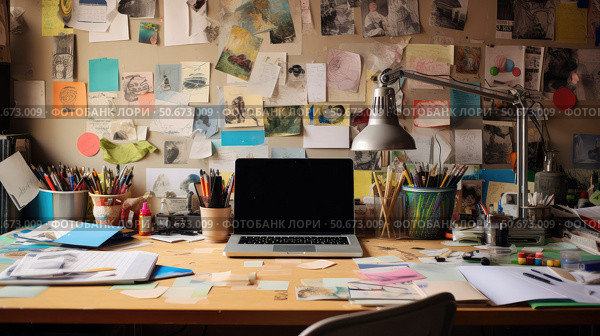 sketchbooks empty office desk ai generated. Стоковое AI-изображение, AI-художник Vectorwin / Фотобанк Лори