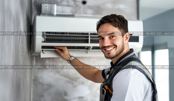 Skilled technician installs air conditioning unit indoors in modern apartment. Стоковое AI-изображение, AI-художник Александр Довянский / Фотобанк Лори