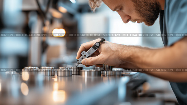 Skilled technician measures precision components in a modern workshop during the day. Стоковое AI-изображение, AI-художник Сергей Толмачёв / Фотобанк Лори