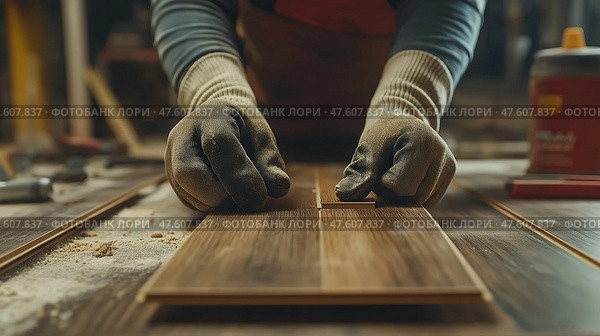 Skilled worker laying wooden flooring in a bright indoor space during a home renovation project. Квалифицированный рабочий укладывает деревянный пол в светлом помещении во время ремонта дома. Стоковое AI-изображение, AI-художник Katsiaryna Repich / Фотобанк Лори