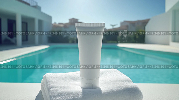 Skincare product mockup placed by a sparkling pool in a tropical setting. Макет средства по уходу за кожей, размещенный у сверкающего бассейна в тропическом окружении. Стоковое AI-изображение, AI-художник Katsiaryna Repich / Фотобанк Лори