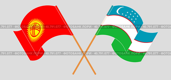 Скрещенные и развевающиеся флаги Киргизии и Узбекистана. Официальные цвета, правильные пропорции. Стоковая иллюстрация, иллюстратор Олег Безруков / Фотобанк Лори