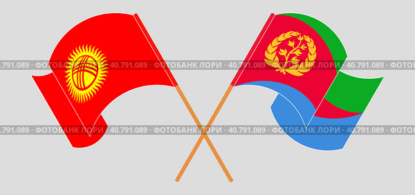 Скрещенные и развевающиеся флаги Киргизии и Эритреи. Официальные цвета, правильные пропорции. Стоковая иллюстрация, иллюстратор Олег Безруков / Фотобанк Лори