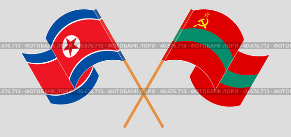 Скрещенные и развевающиеся флаги Северной Кореи и Приднестровья. Стоковая иллюстрация, иллюстратор Олег Безруков / Фотобанк Лори