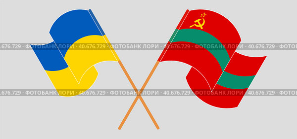 Скрещенные и развевающиеся флаги Украины и Приднестровья. Стоковая иллюстрация, иллюстратор Олег Безруков / Фотобанк Лори