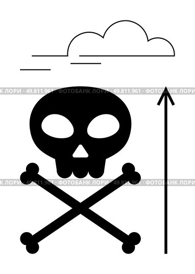 Skull and crossbones beneath a cloud with an upward arrow. Ideal for themes of danger, warning, caution, risk, toxicity, death, and mortality. Bold line metaphor. Symbol of Danger and Caution Skull and Crossbones with Cloud and Arrow Motif. Стоковая иллюстрация, агентство Ingram Publishing / Фотобанк Лори