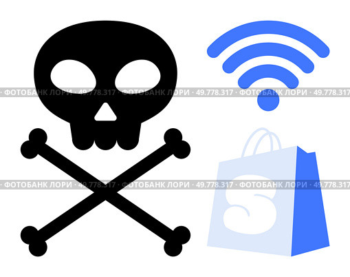 Skull and crossbones, wireless signal, and shopping bag symbolize cybersecurity issues in e-commerce. Ideal for digital security, online shopping risks, internet safety, cyber threats, data. Skull and Crossbones, wireless Symbol, and Shopping Bag Graphic Representing Cybersecurity. Стоковая иллюстрация, агентство Ingram Publishing / Фотобанк Лори