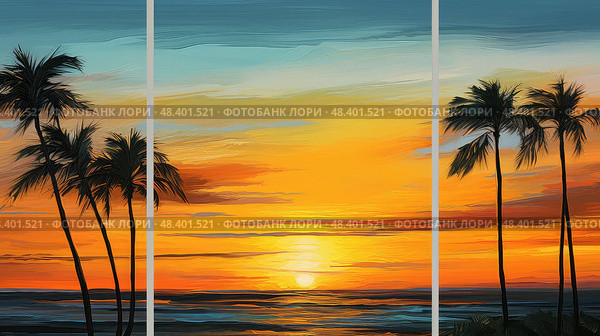 sky sunsets palm trees beach ai generated. Стоковое AI-изображение, AI-художник Vectorwin / Фотобанк Лори
