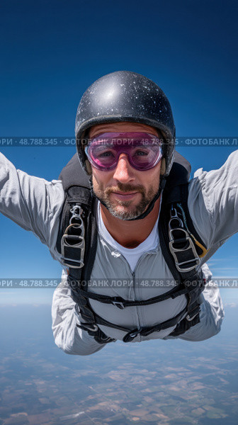 Skydiver flying with parachute enjoying extreme sport. Стоковое AI-изображение, AI-художник Юрий Поздников / Фотобанк Лори