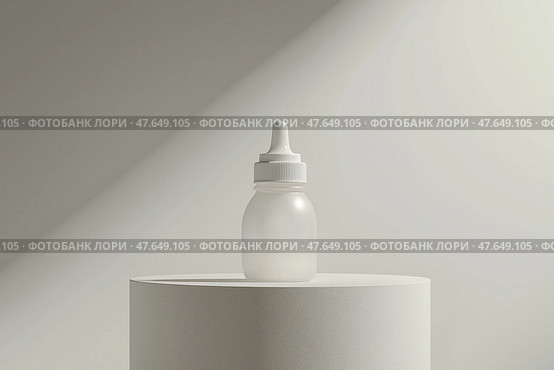 Sleek design of a baby bottle placed on a minimalistic pedestal.  Детская бутылочка на минималистичном постаменте. Стоковое AI-изображение, AI-художник Katsiaryna Repich / Фотобанк Лори
