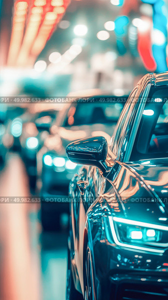Sleek orange car's front fender and side mirror are prominently featured against blurred background of warm, shimmering bokeh lights. Perfect for automotive, luxury and technology themes. Стоковое AI-изображение, AI-художник Елена Никишина / Фотобанк Лори