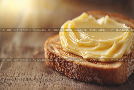 Slice of wholemeal bread with butter curl. Buttering toast. Yellow butter scattered on a piece of bread. Bread with toasting and spreading butter. Generous spread of butter on a rustic bread slice. Стоковое AI-изображение, AI-художник Марина Демидюк / Фотобанк Лори