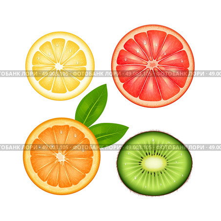 Sliced fruits top view set of lemon grapefruit orange and kiwi isolated vector illustration. Fruits Top Set. Стоковая иллюстрация, агентство Ingram Publishing / Фотобанк Лори