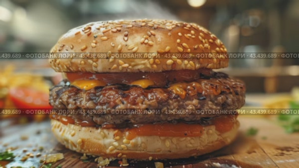 Sliced tasty juicy double beef cheese burger with fresh lettuce, tomatoes, onions, pickles and melted cheese stacked high, gourmet fast food, restaurant menus, hamburger sandwich with special sauces. Стоковое AI-видео, аниматор Ирина Михайличенко / Фотобанк Лори