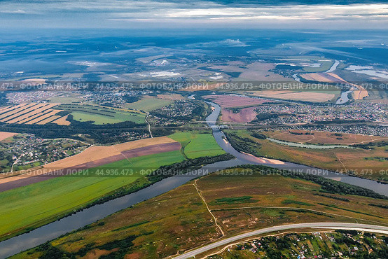 Слияние рек Ока и Угра, вид с высоты (2020 год). Стоковое фото, фотограф Василий Мальцев / Фотобанк Лори