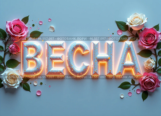 Слово "ВЕСНА" написанное объемными яркими буквами составленными из цветов. The word "SPRING" written in voluminous bright letters made up of flowers. Стоковое AI-изображение, AI-художник Гер Олег / Фотобанк Лори