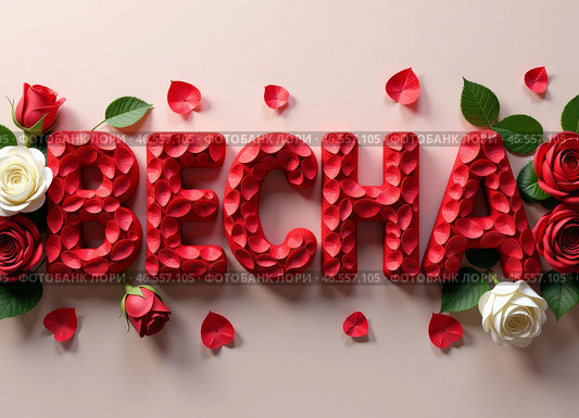 Слово "ВЕСНА" написанное объемными яркими буквами составленными из цветов. The word "SPRING" written in voluminous bright letters made up of flowers. Стоковое AI-изображение, AI-художник Гер Олег / Фотобанк Лори