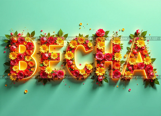 Слово "ВЕСНА" написанное объемными яркими буквами составленными из цветов. The word "SPRING" written in voluminous bright letters made up of flowers. Стоковое AI-изображение, AI-художник Гер Олег / Фотобанк Лори