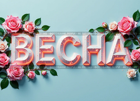 Слово "ВЕСНА" написанное объемными яркими буквами составленными из цветов. The word "SPRING" written in voluminous bright letters made up of flowers. Стоковое AI-изображение, AI-художник Гер Олег / Фотобанк Лори