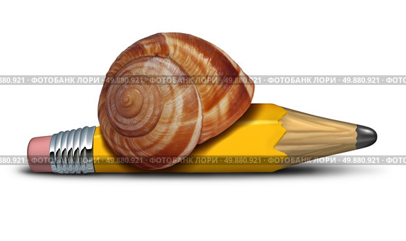 Slow strategy business concept and planning delays metaphor with a snail shaped as a pencil as a symbol of sluggish profress and procrastination of plans and reform. Стоковое фото, агентство Ingram Publishing / Фотобанк Лори