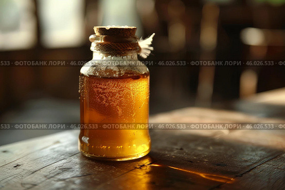Small corked glass bottle containing honey resting on wooden table. Стоковое AI-изображение, AI-художник Иван Рябоконь / Фотобанк Лори