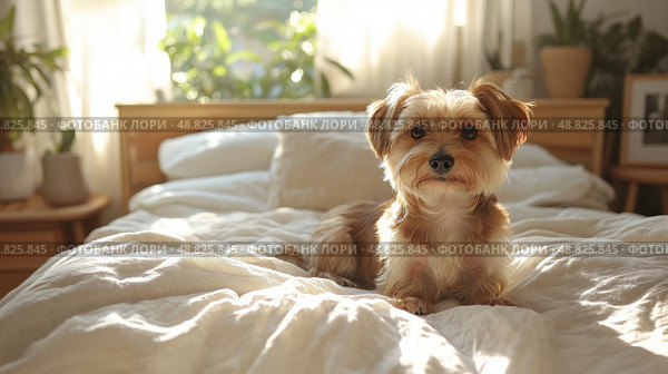 Small dog relaxing on a cozy bed surrounded by sunlight and plants. Маленькая собака отдыхает на уютной кровати в окружении солнечного света и растений. Стоковое AI-изображение, AI-художник Katsiaryna Repich / Фотобанк Лори
