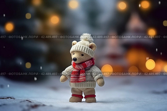 Small winter teddy bear in warm clothes. Generate ai. Стоковое AI-изображение, AI-художник Иван Рябоконь / Фотобанк Лори