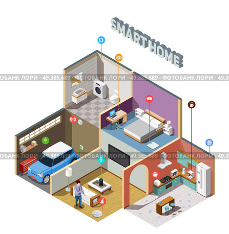 Smart home iot isometric composition with remote control of household appliances and car vector illustration. Smart Home IOT Isometric Composition. Стоковая иллюстрация, агентство Ingram Publishing / Фотобанк Лори
