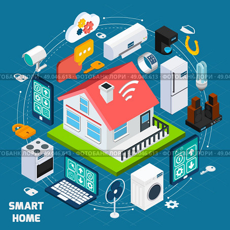 Smart home iot isometric concept banner. Smart home iot internet of things comfort and security innovative technology concept  isometric banner abstract vector illustration. Стоковая иллюстрация, агентство Ingram Publishing / Фотобанк Лори