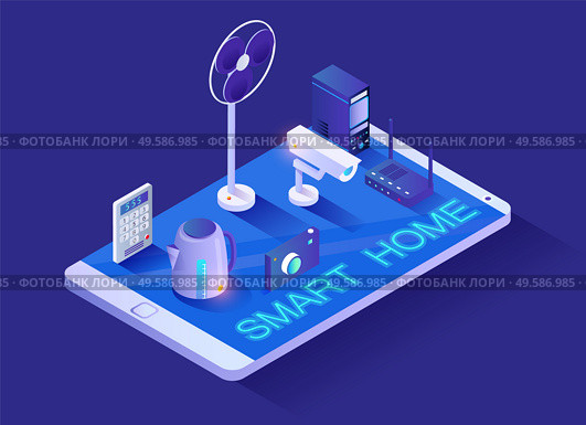 Smart home wireless connection, remote control of house electric appliances, 3d icons on smartphone screen vector. Intercom and teapot, fan and surveillance camera. Computer and WiFi, isometric. House Wireless Electric Appliances and Smart Home. Стоковая иллюстрация, агентство Ingram Publishing / Фотобанк Лори