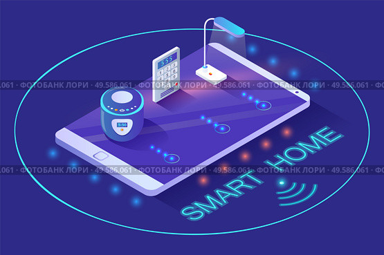 Smart home wireless device lamp and intercom electronic equipment on touchscreen phone in neon circle. Connection with online safety technology light and smart key on mobile secure gadget, isometric. Wireless Device Smart Automated Equipment Vector. Стоковая иллюстрация, агентство Ingram Publishing / Фотобанк Лори