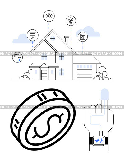 Smart home with IoT devices connected for security, lighting, and HVAC. Coin with dollar sign symbolizes investment. Finger with smartwatch indicates health monitoring. Ideal for technology, finance. Smart Home with IoT Connected Devices Integrating Security, Lighting, and Wellness Monitoring. Стоковая иллюстрация, агентство Ingram Publishing / Фотобанк Лори