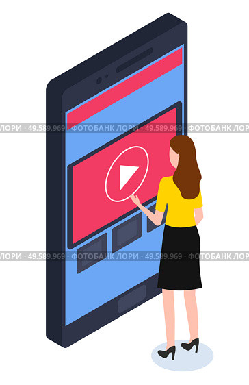 Smart house, smartphone directed by woman character vector. TV remote control from mobile device, home technology isometric interface gadget app screen. Female user and interface of smart home. Smartphone Mobile App to Controll Smart House. Стоковая иллюстрация, агентство Ingram Publishing / Фотобанк Лори