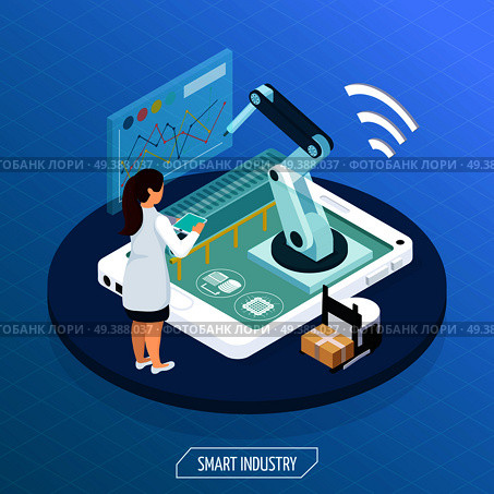 Smart industry isometric conceptual composition with human character operating remote automated manipulator set on tablet screen vector illustration. Futuristic Industry Isometric Concept. Стоковая иллюстрация, агентство Ingram Publishing / Фотобанк Лори