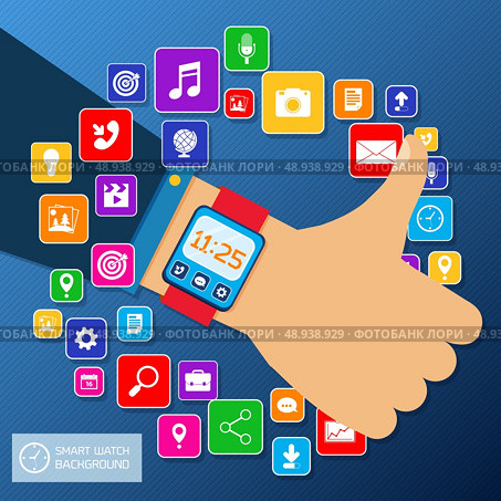 Smart watch smartphone sync concept with thumbs up hand and mobile apps icons vector illustration. Стоковая иллюстрация, агентство Ingram Publishing / Фотобанк Лори