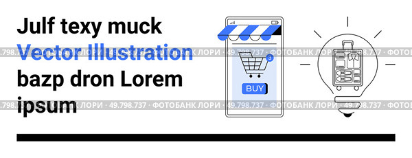 Smartphone with shopping cart and BUY button next to light bulb with gears. Ideal for e-commerce, technology, innovation, online retail, startups, mobile apps, tech solutions. Landing page. Mobile Shopping Checkout with Buy Button and Light Bulb Innovation Concept. Стоковая иллюстрация, агентство Ingram Publishing / Фотобанк Лори