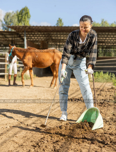 Smiling Asian girl worker scoops horse droppings into shovel and cleans up cattle. Стоковое фото, фотограф Яков Филимонов / Фотобанк Лори