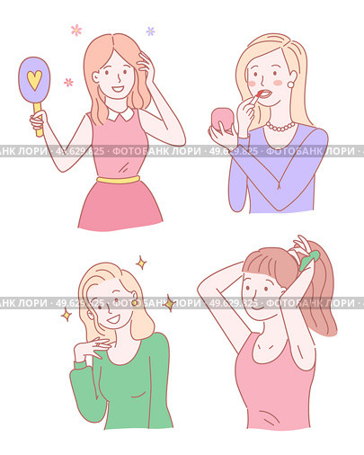 Smiling beautiful girl in various poses in action. Cute cheerful young woman playfully moves hair with hands, paints lips, looks in the mirror smarten up, doing hairstyle, tying hair in a ponytail. Smiling beautiful girl in various poses in action. Looks in the mirror smarten up, doing hairstyle. Стоковая иллюстрация, агентство Ingram Publishing / Фотобанк Лори
