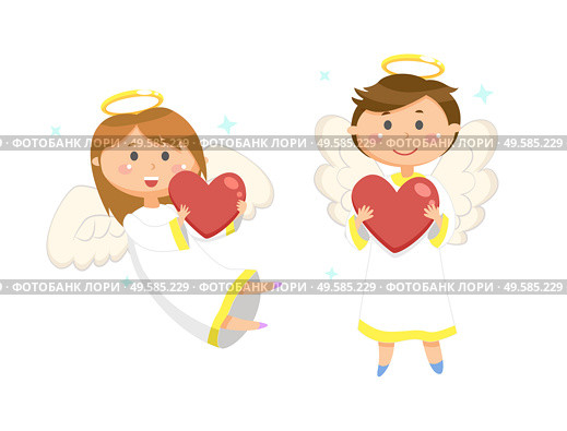 Smiling girl and boy holding heart-shaped balls. Holiday card decorated by angels on white, portrait view of woman and man with wings and nimbus vector. Woman and Man with Wings and Nimbus, Angels Vector. Стоковая иллюстрация, агентство Ingram Publishing / Фотобанк Лори