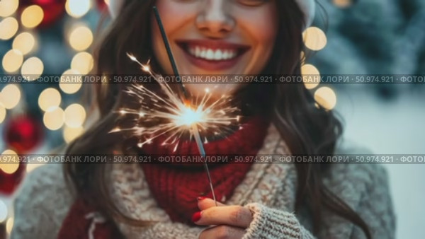 Smiling Girl with Fire Sparkler Glow in the Winter Season. pleased happy smiling young 20s woman is holding a bright sparkler in a festive winter setting. Glowing blur bokeh light on background. Стоковое AI-видео, аниматор Марина Демидюк / Фотобанк Лори