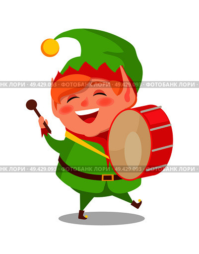 Smiling happy elf playing on drum musical instrument vector illustration postcard isolated on white background. Cute gnome hero in suit cartoon style. Smiling Happy Elf Playing Drum Musical Instrument. Стоковая иллюстрация, агентство Ingram Publishing / Фотобанк Лори