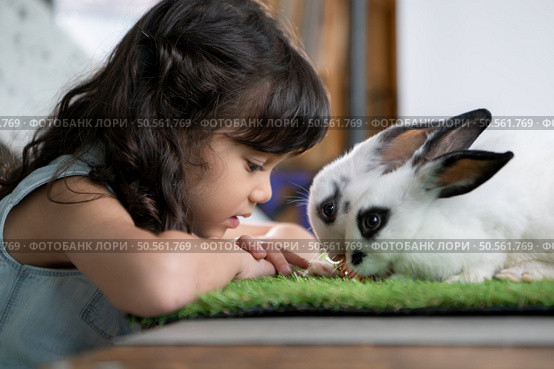 Smiling little girl and with their beloved fluffy rabbit, showcasing the beauty of friendship between humans and animals. Стоковое фото, агентство Ingram Publishing / Фотобанк Лори