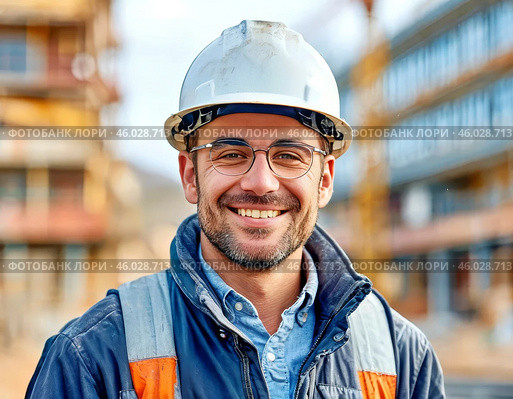 Smiling man observes safety precautions at work. Safety precautions at work. Стоковое AI-изображение, AI-художник Сергей Елизарьев / Фотобанк Лори