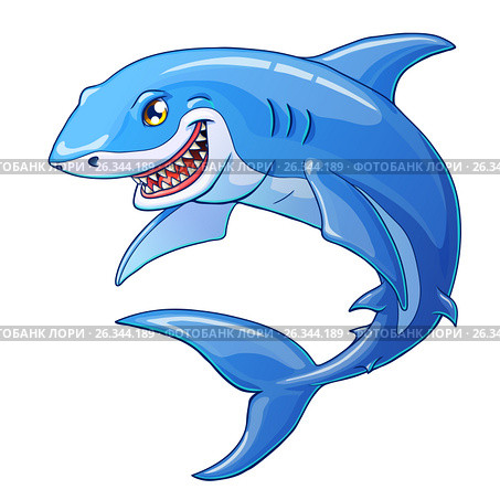 Smiling shark on a white background. Стоковая иллюстрация, иллюстратор Анастасия Некрасова / Фотобанк Лори