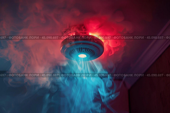 Smoke detector flashing and beeping detecting a fire. Стоковое AI-изображение, AI-художник Иван Рябоконь / Фотобанк Лори