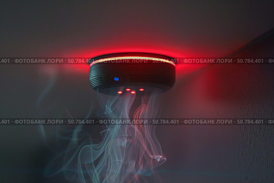 Smoke detector flashing red detecting a fire. Стоковое AI-изображение, AI-художник Иван Рябоконь / Фотобанк Лори