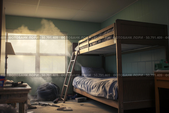 Smoke filling room with bunk bed and messy floor. Стоковое AI-изображение, AI-художник Иван Рябоконь / Фотобанк Лори