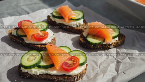 Smorrebrod - traditional Danish sandwiches. Black rye bread with salmon, cream cheese, capers on white background. Side view. Стоковое AI-видео, аниматор Ирина Старикова / Фотобанк Лори
