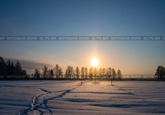 Снег искрится на заснеженном футбольном поле зимним вечером. Стоковое фото, фотограф Евгений Горбунов / Фотобанк Лори